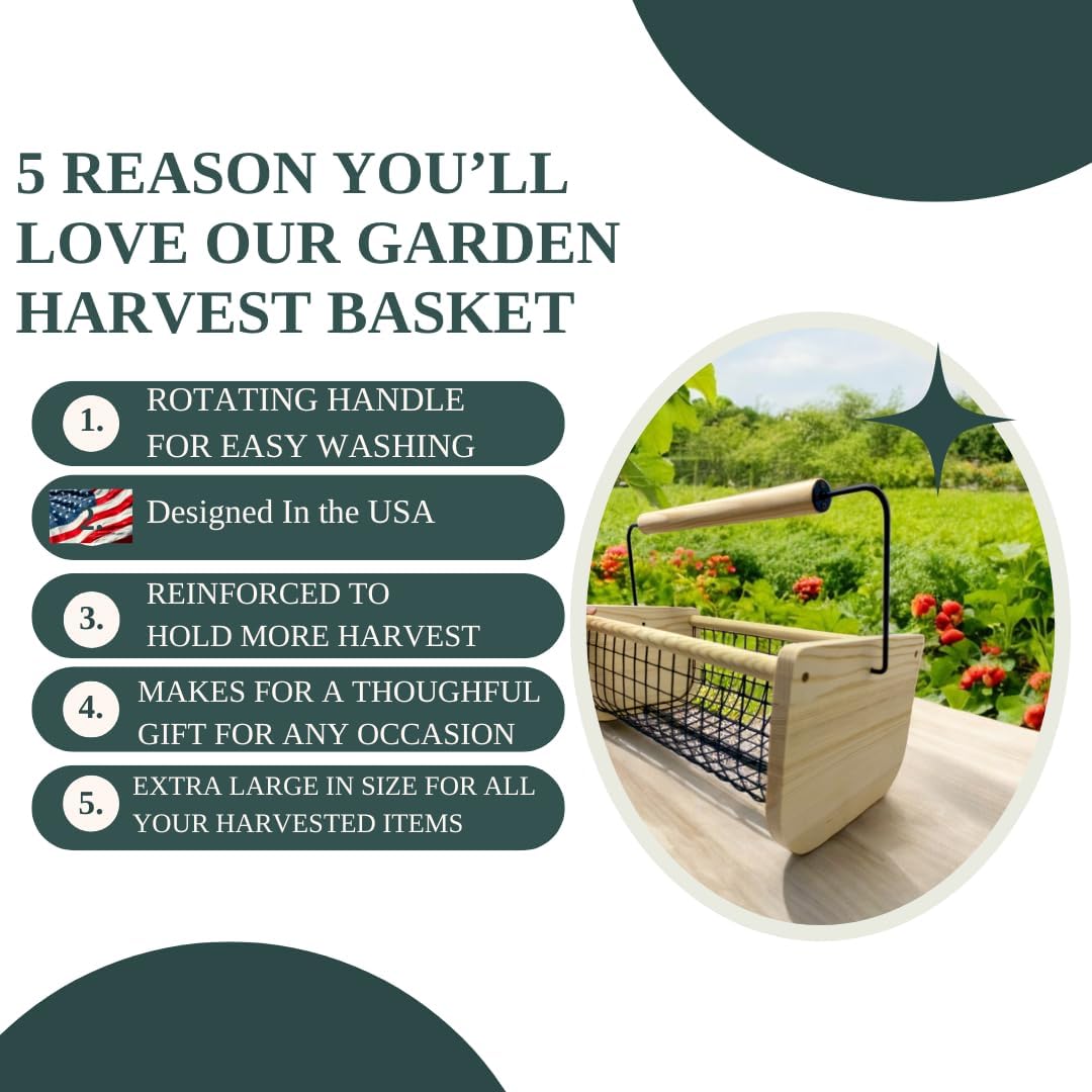 Premium Garden Harvest Basket: Large Vegetable Hod for Gardeners - Rotating Handle Makes Washing Your Fruits and Veggies a Breeze | Reinforced Frame With Light Weight Wicker Support